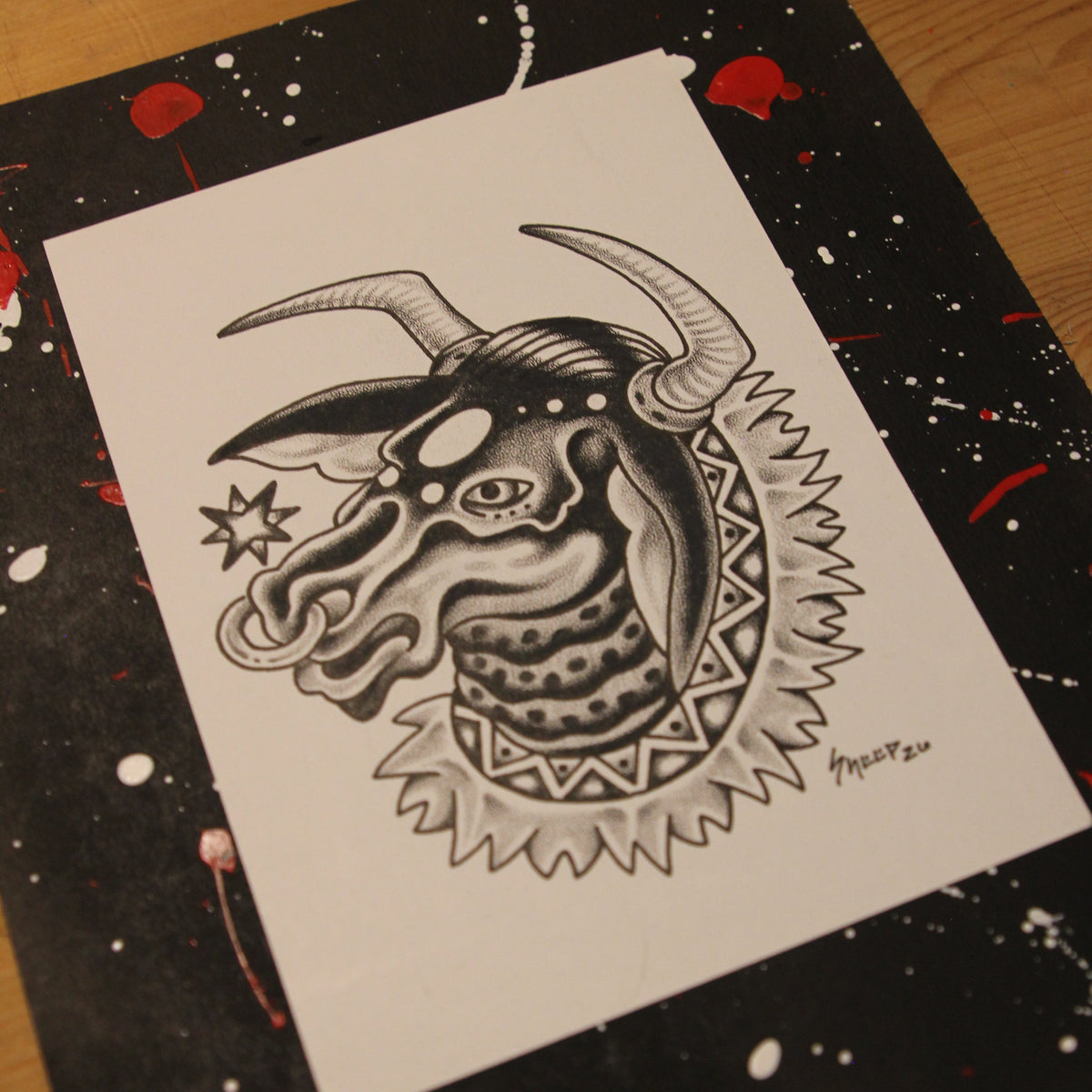 Sacred Bull Original Drawing 5x7"